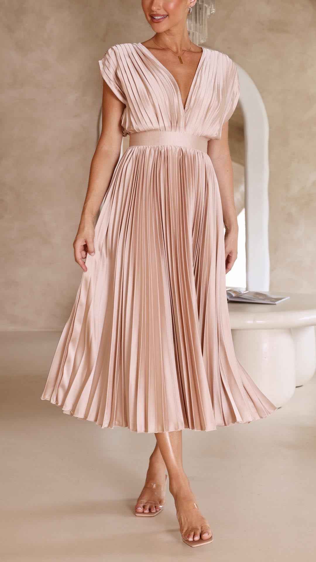 Women's pleated V-neck evening dress, a long sleeveless maxi style for formal parties.