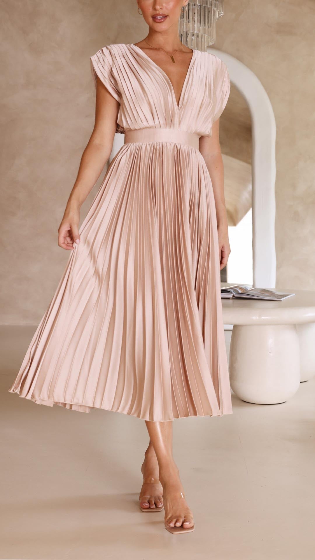 Chic deep V-neck pleated maxi dress for women, sleeveless, great for elegant special occasions.