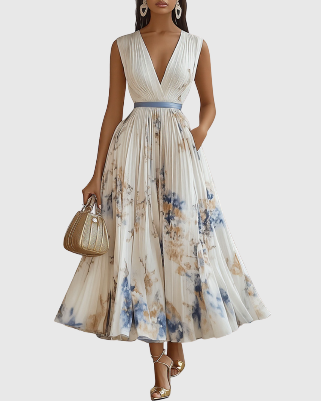 Elegant women's pleated maxi dress with long sleeves & vibrant floral print. Perfect V-neck occasion wear.