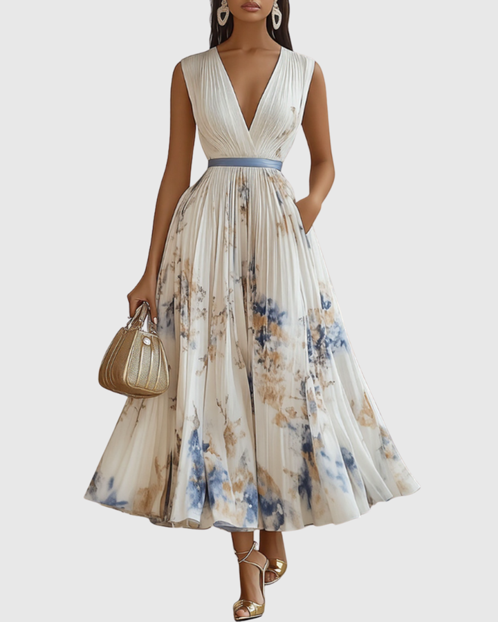 Elegant women's pleated maxi dress with long sleeves & vibrant floral print. Perfect V-neck occasion wear.