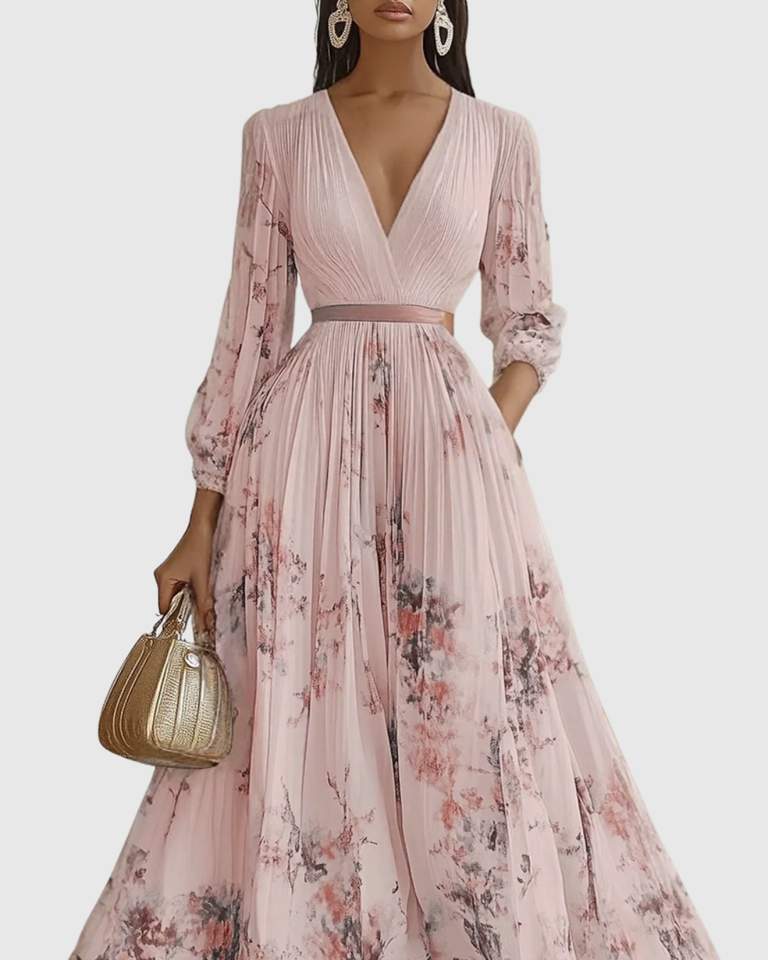 Women's casual & party V-neck maxi dress, long sleeve pleated style with an exquisite floral print. Versatile.