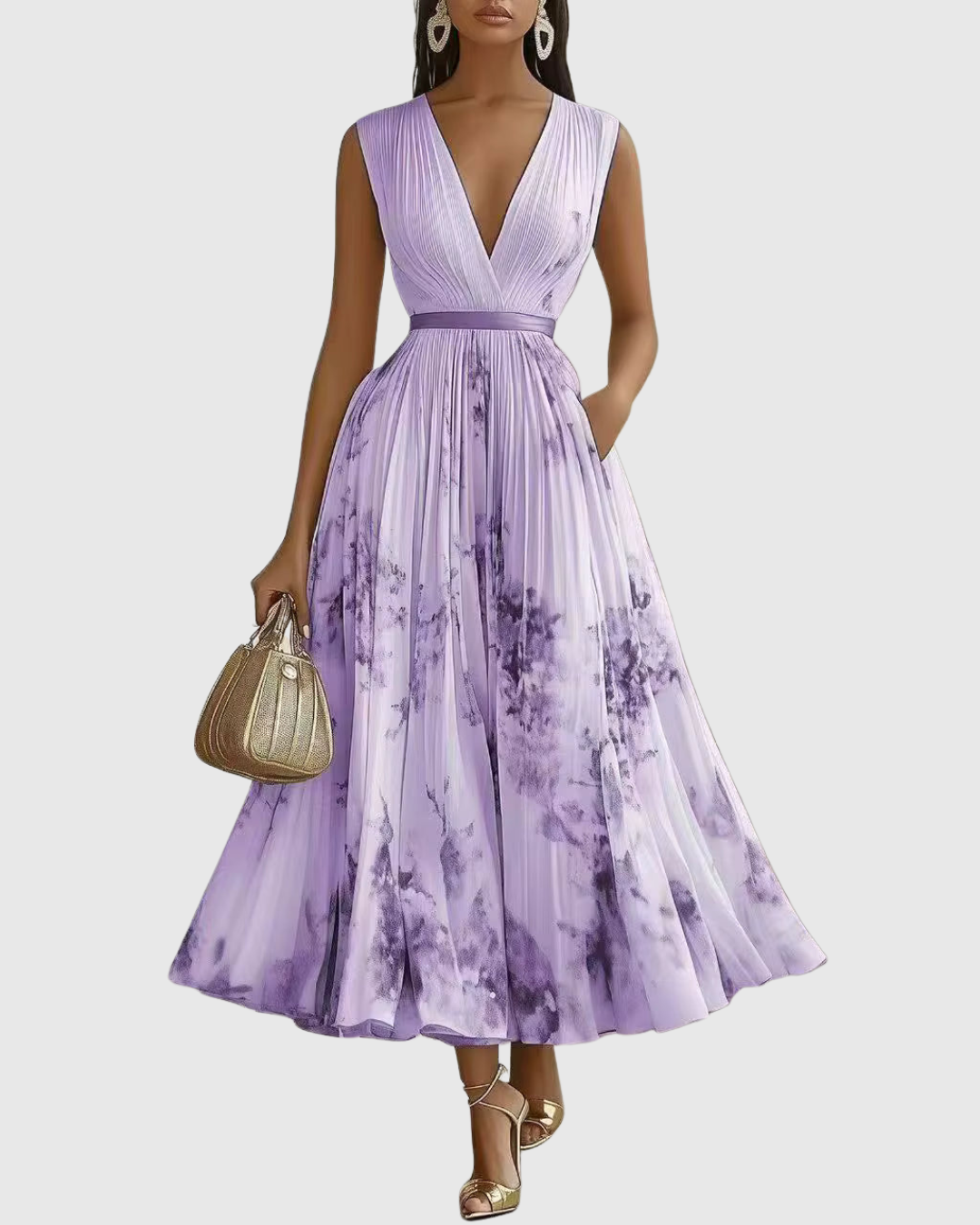 Comfortable women's pleated floral maxi dress with long sleeves. V-neck, ideal for elegant casual or party occasions.