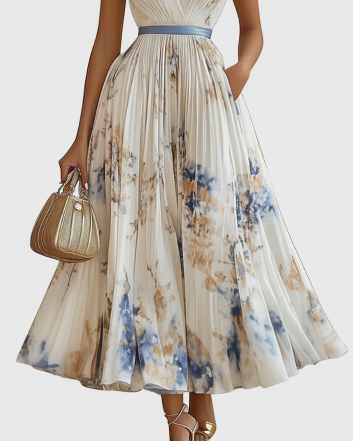 Chic V-neck women's maxi dress, pleated & long-sleeved, featuring a beautiful floral print. Elegant occasion wear.