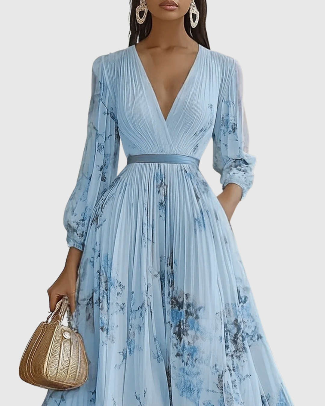 Women's long sleeve pleated maxi dress, elegant floral print. V-neck style, perfect for various occasions.