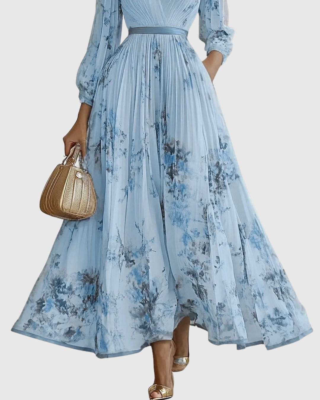 Stylish women's long sleeve V-neck maxi dress, pleated & adorned with a vibrant floral print. Comfortable casual wear.