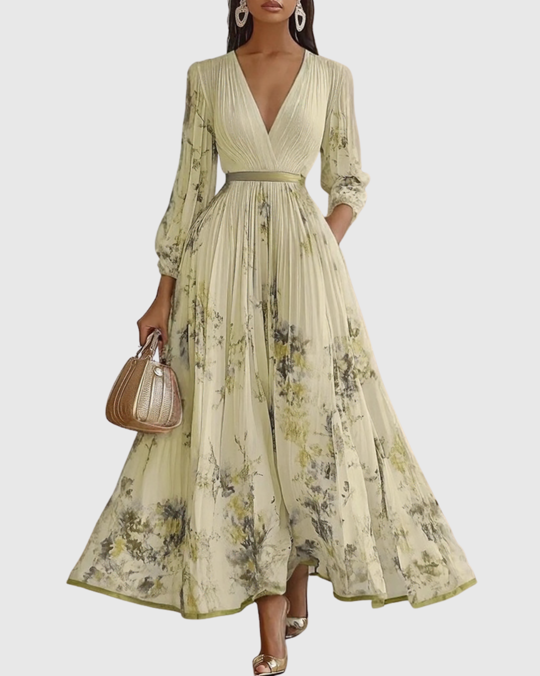 Beautiful women's floral pleated maxi dress with long sleeves. V-neck design, elegant for parties and special occasions.