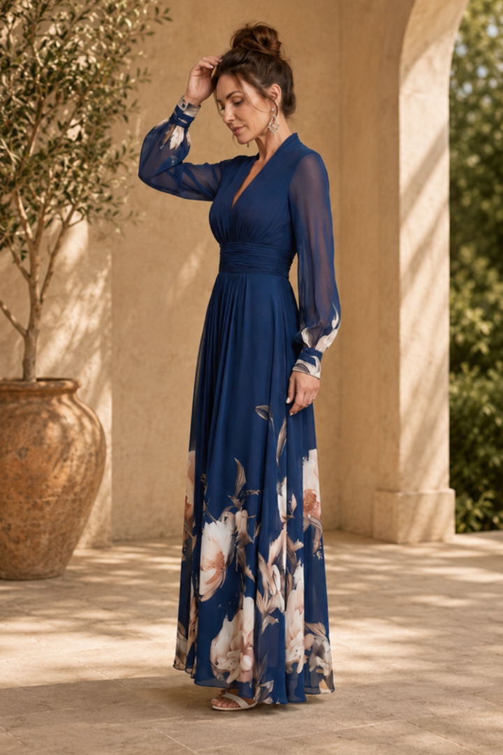 Chic Women's Maxi Dress with pleated skirt & sheer sleeves, ideal for special occasion, party or evening gown.