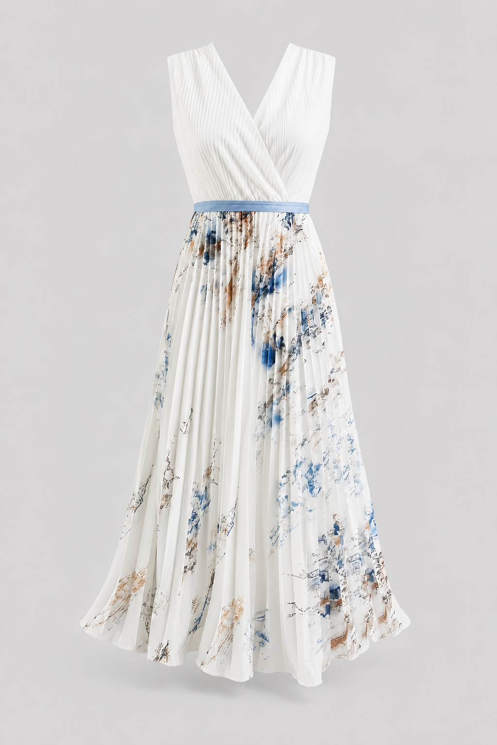 Elegant women's pleated maxi dress with V-neck, sleeveless, and waist tie for formal events.