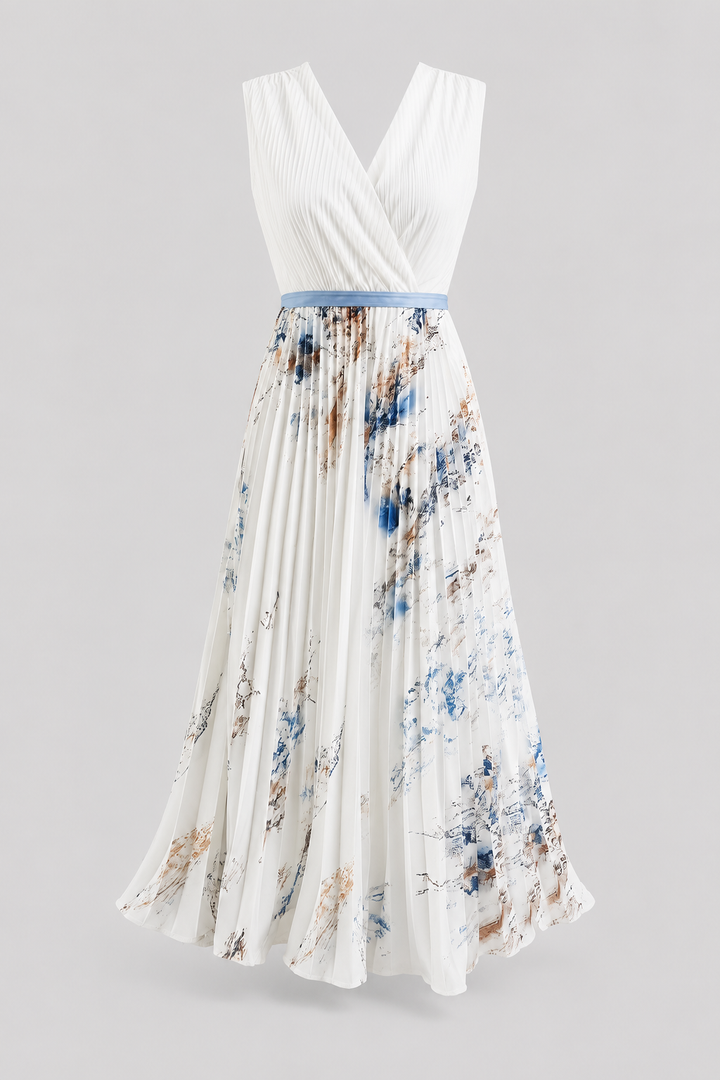 Elegant women's pleated maxi dress with V-neck, sleeveless, and waist tie for formal events.