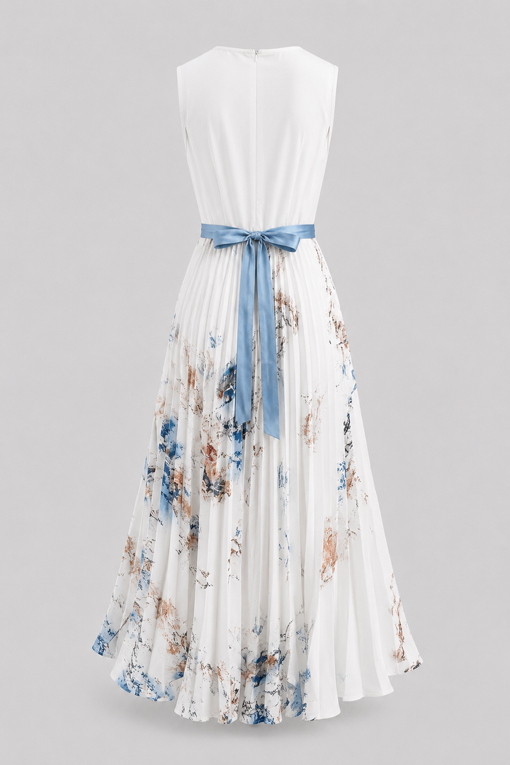 Flowy women's V-neck pleated maxi dress with waist tie, perfect for summer parties or holiday wear.