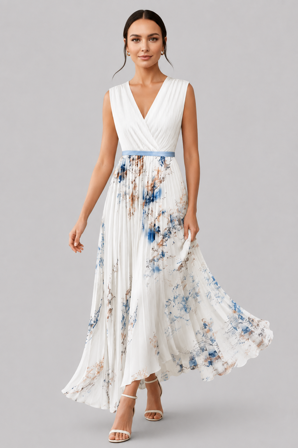 Sleeveless elegant pleated maxi dress for women, featuring a flattering V-neckline & adjustable waist tie.