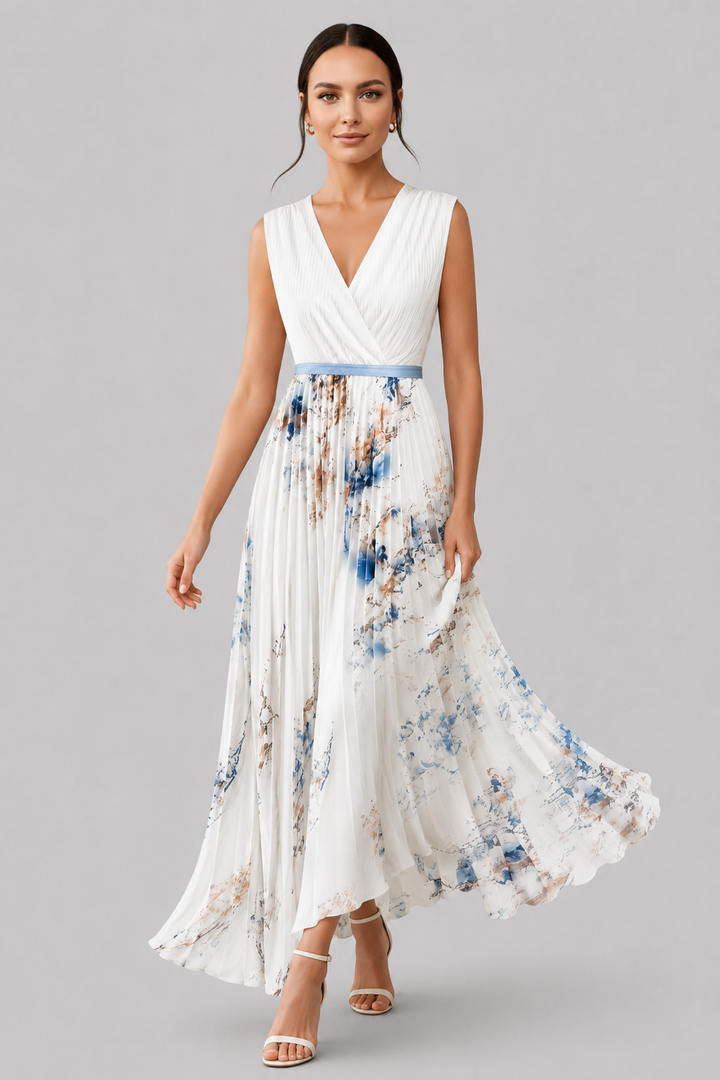 Sleeveless elegant pleated maxi dress for women, featuring a flattering V-neckline & adjustable waist tie.