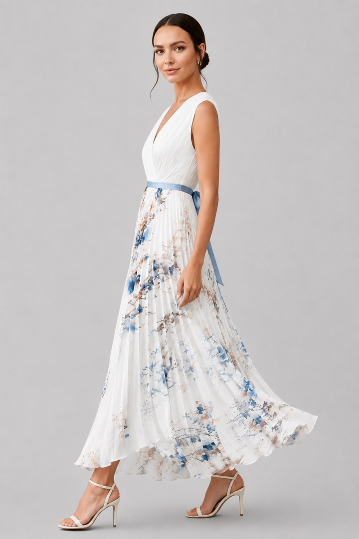 Women's formal V-neck pleated maxi dress with a sophisticated waist tie, ideal for evening gowns & events.