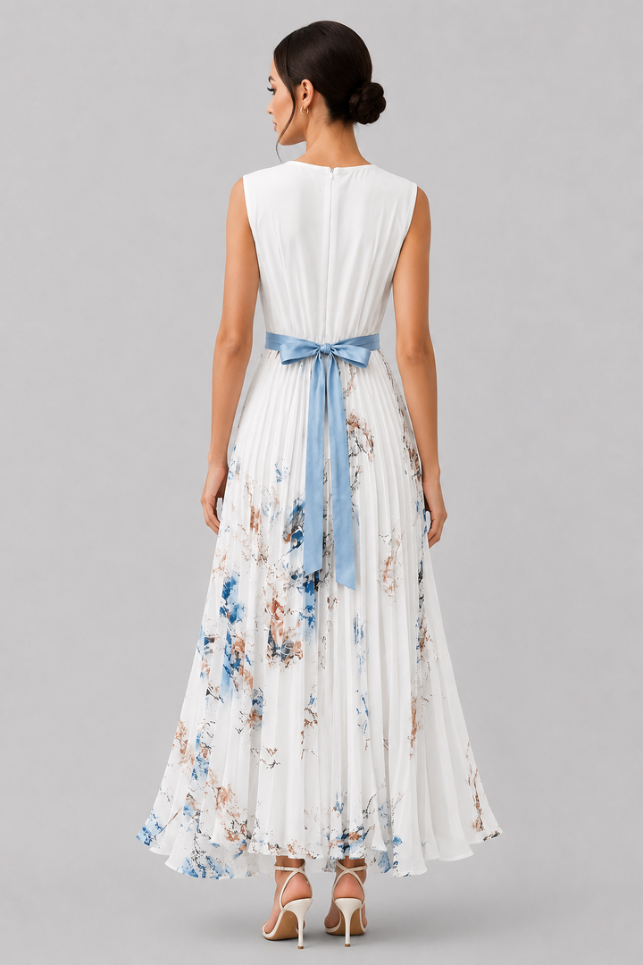 Comfortable & elegant women's V-neck maxi dress, pleated with a waist tie, great for summer fashion.