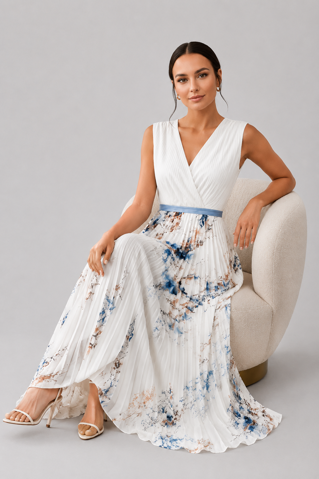 Stunning women's sleeveless V-neck pleated maxi dress, designed with a chic waist tie for an elegant look.