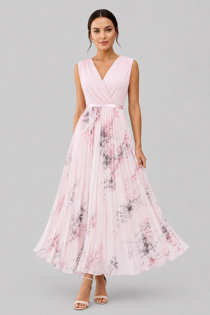 Fashionable women's pleated maxi dress, V-neck, sleeveless, and a flattering waist tie for parties.