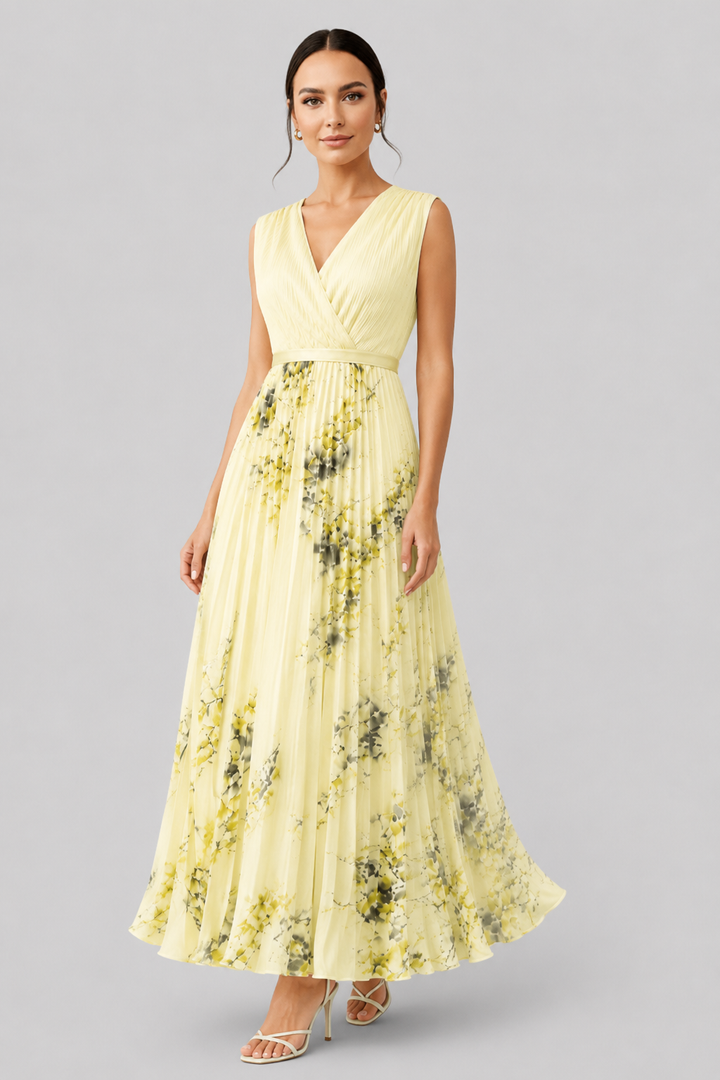 Graceful women's V-neck pleated maxi dress with waist tie, accentuating figure, perfect for formal events.