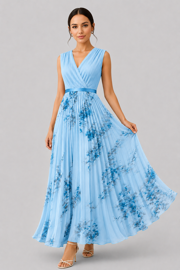 Elegant women's V-neck sleeveless pleated maxi dress with a stylish waist tie for summer & evening.