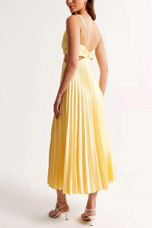 Stylish V-neck pleated midi dress for women, featuring a beautiful flowing silhouette, ideal for summer.