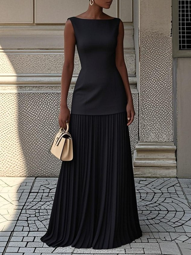 Women's elegant pleated sleeveless maxi dress, high neckline detail, perfect for special occasions & summer.