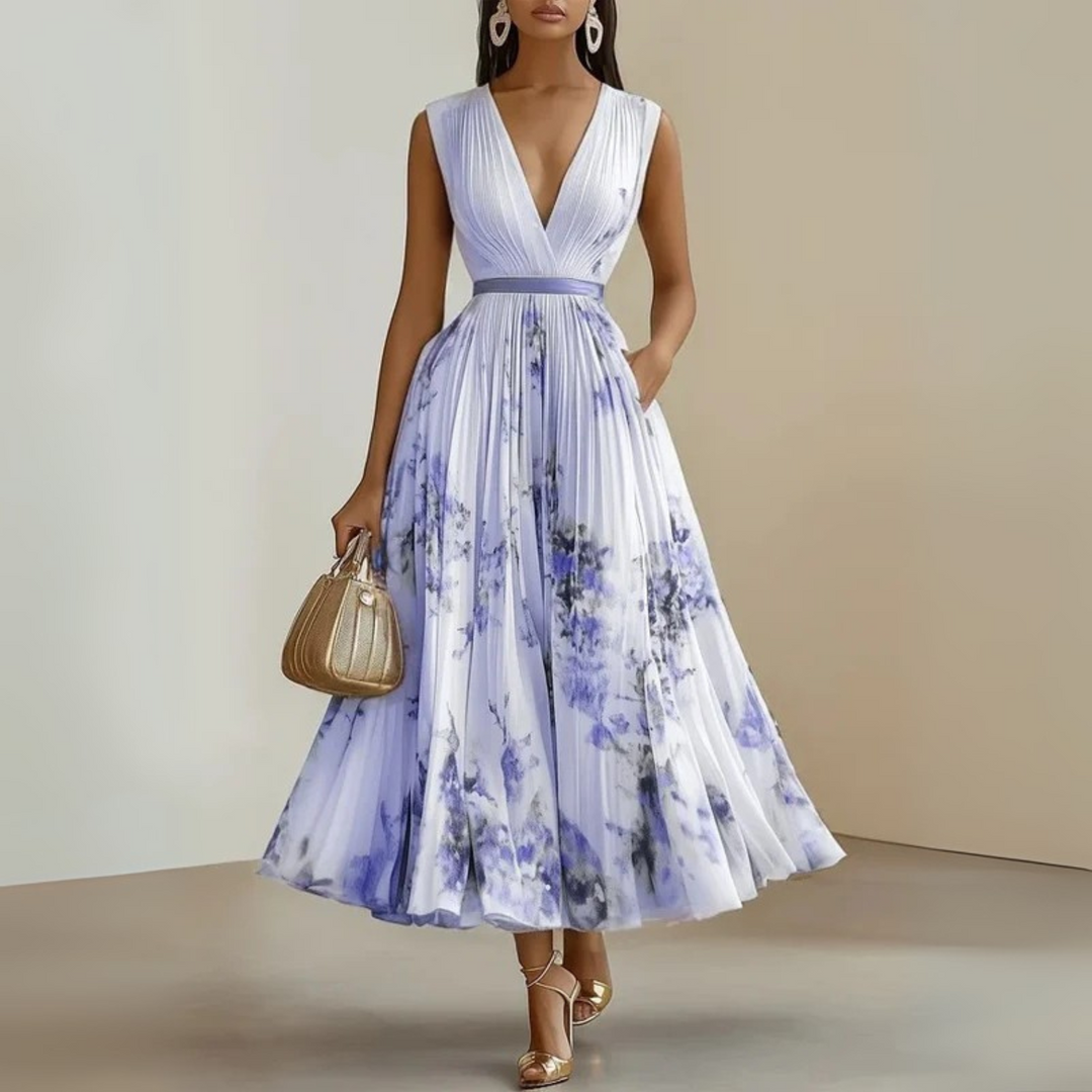 Versatile women's pleated V-neck maxi dress. Elegant cinched waist makes it ideal for parties & weddings.