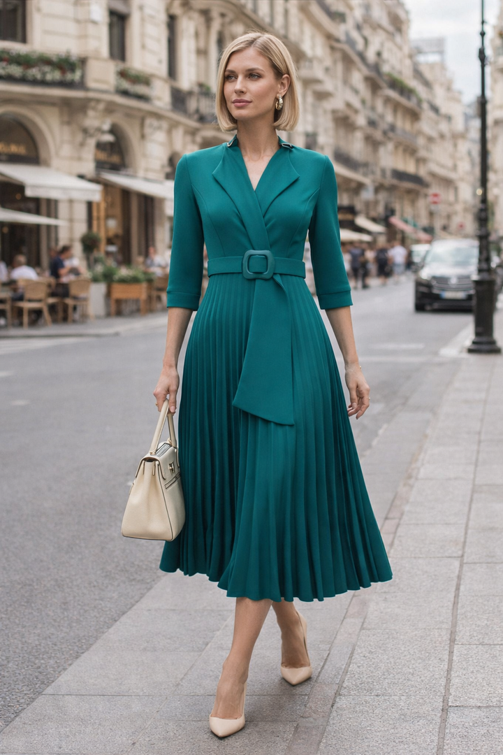 Elegant women's pleated V-neck midi dress, perfect for formal occasions or parties. Flattering A-line style.