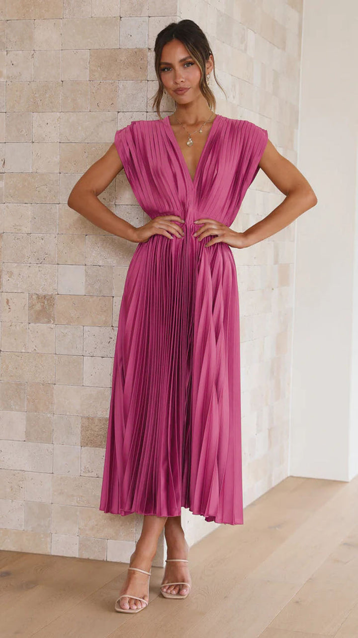 Versatile women's V-neck midi dress with elegant pleats, ideal for summer fashion.
