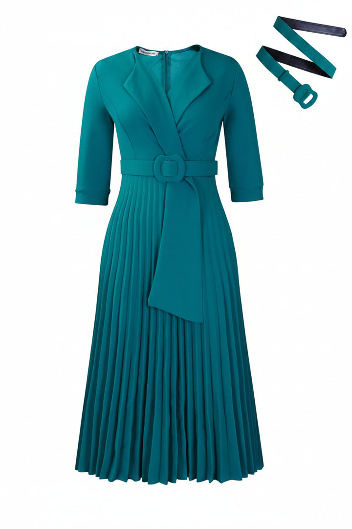 Flattering A-line women's midi dress featuring elegant pleats & a stylish V-neck. Perfect for formal events.