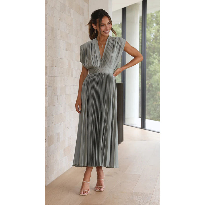Summer-ready pleated V-neck midi dress for women, exuding effortless elegance.