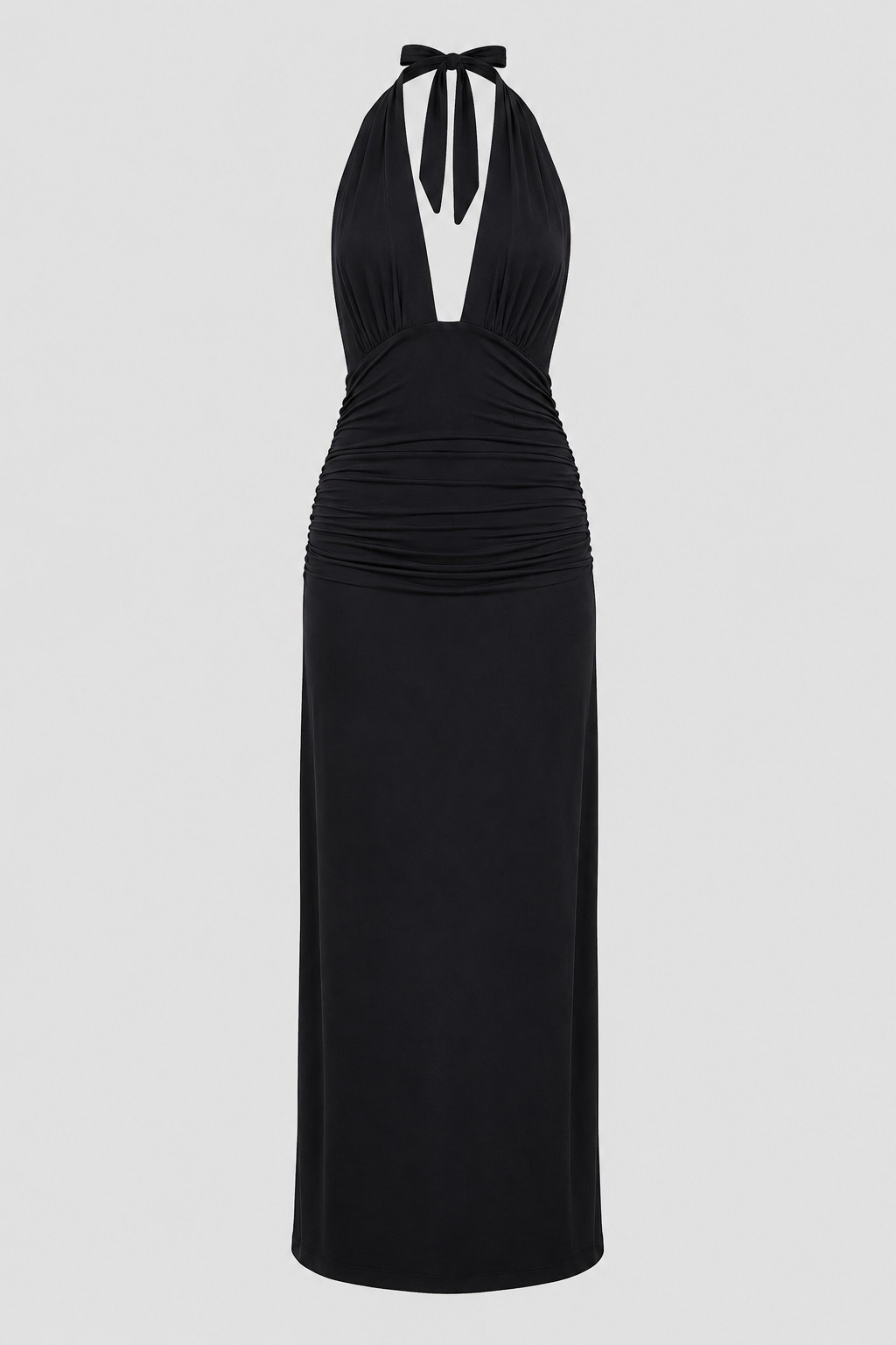 Elegant Women's Plunge Halter Maxi Dress with an open back, perfect for evening events.