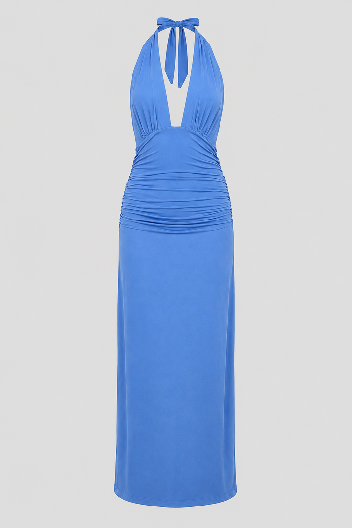 Ideal women's special occasion dress, a plunge halter maxi gown designed with an elegant open back.