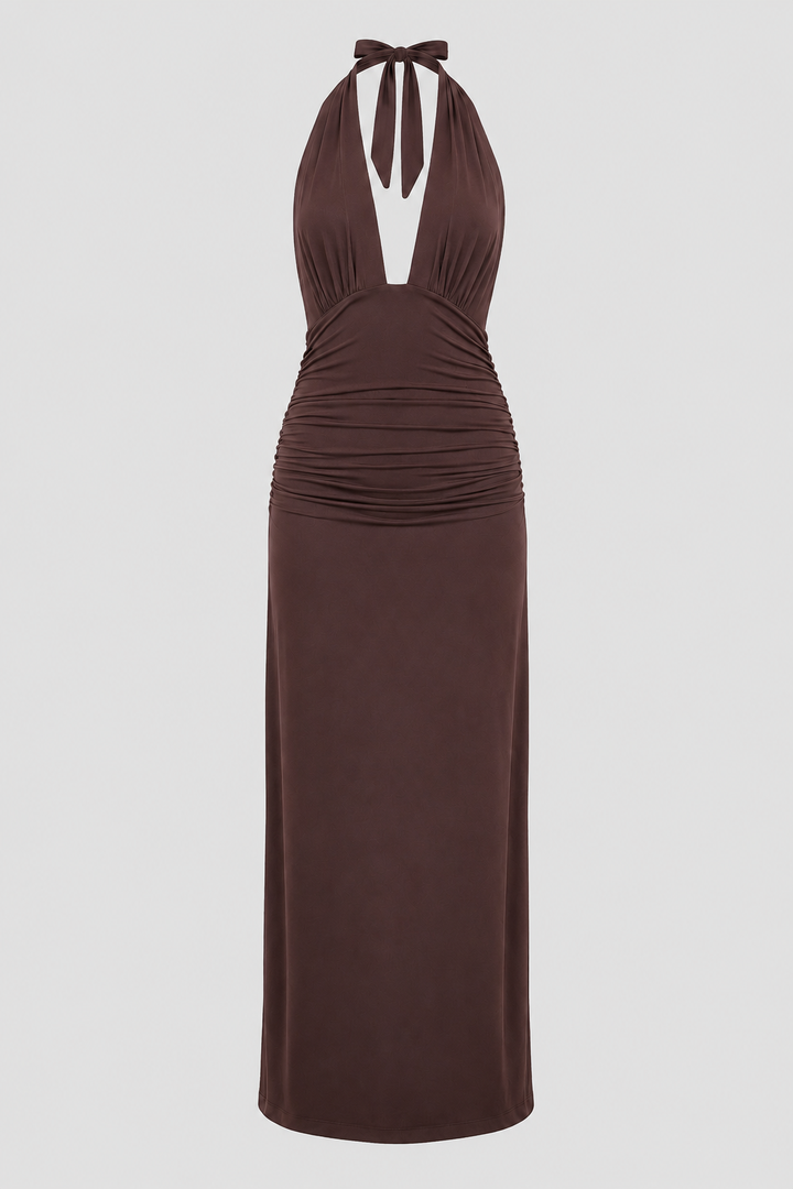 Stunning women's formal halter dress featuring a deep plunge neckline & alluring open back. Maxi length.