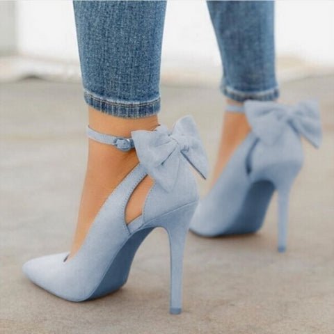 Stylish women's high heel bow shoes. Pointed toe court shoes for elegant parties, evening wear & office.