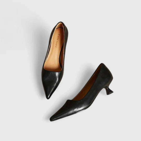 Chic women's pointed toe low kitten heel shoes, ideal for sophisticated dress outfits and comfortable support.