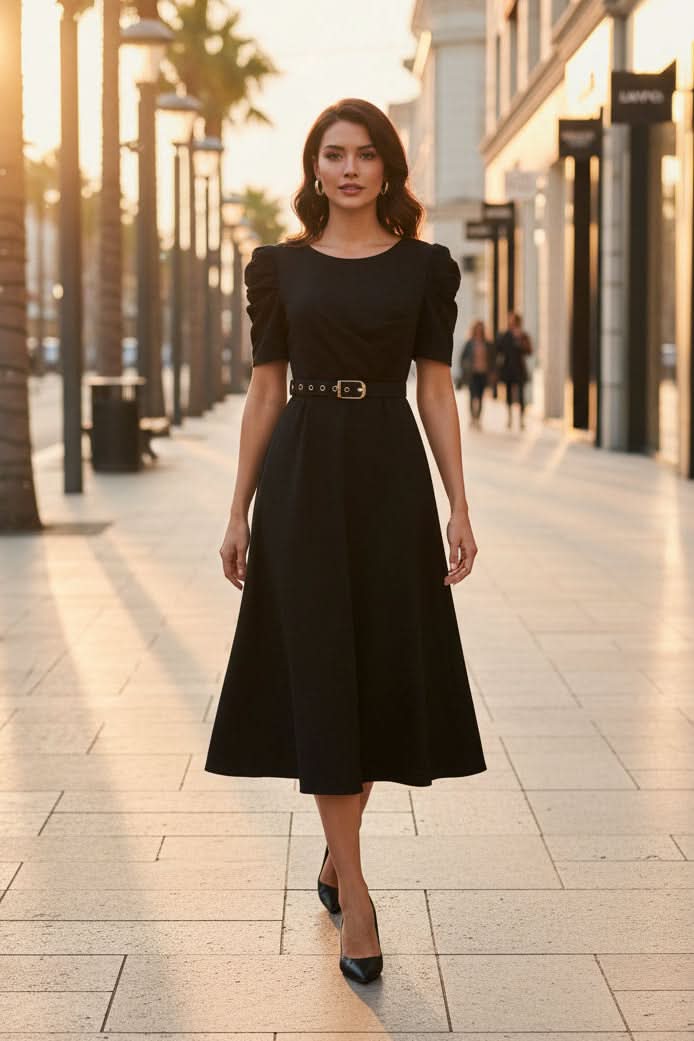 Elegant women's polished belted midi dress with V-neck, perfect for office wear or special occasions. Flattering silhouette.
