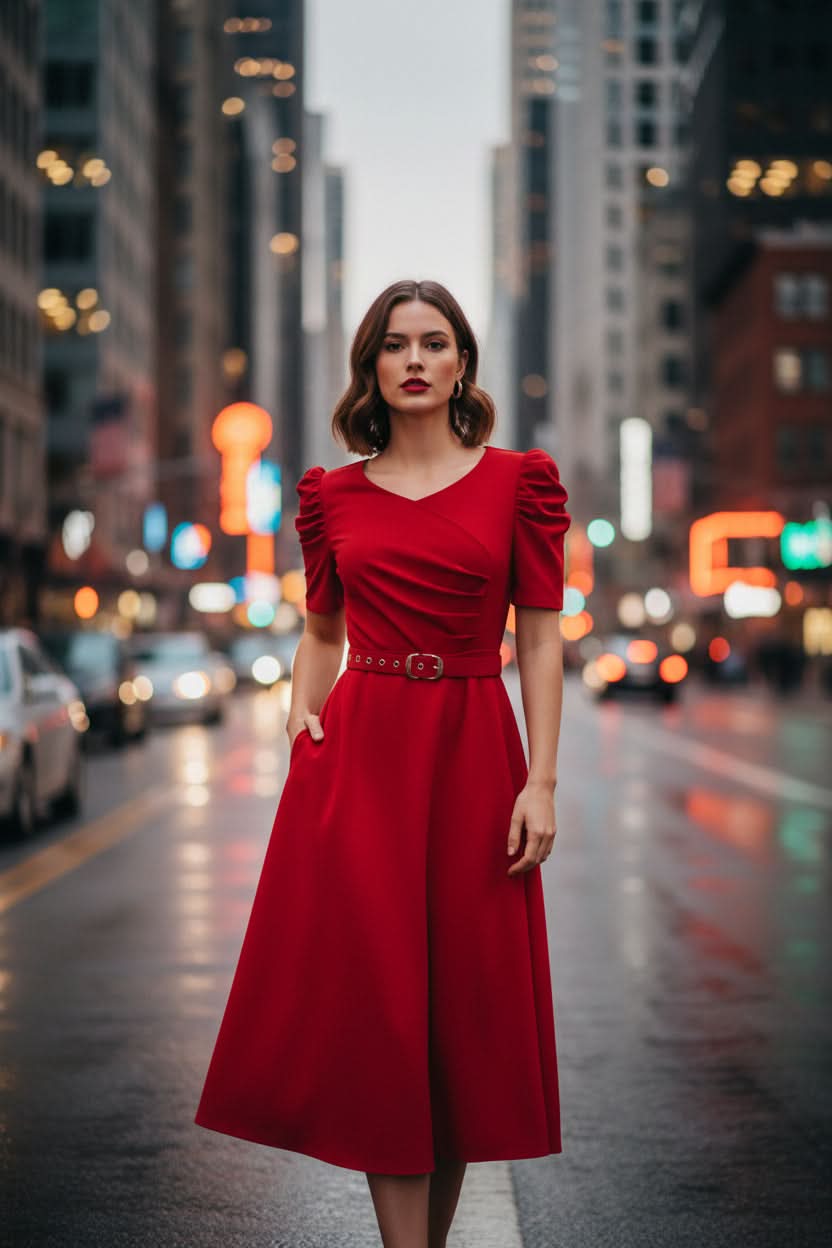 Women's summer fashion midi dress, a polished belted V-neck design ideal for formal events or elegant office wear.
