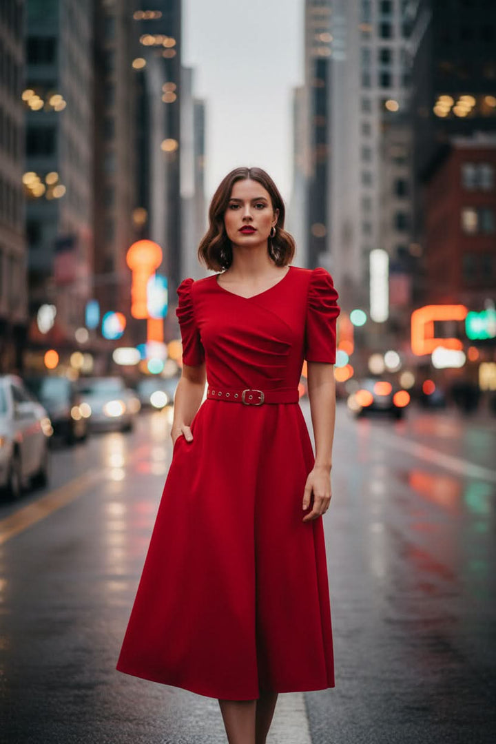 Women's summer fashion midi dress, a polished belted V-neck design ideal for formal events or elegant office wear.