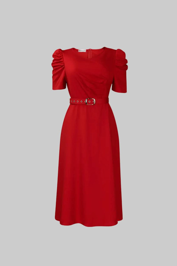 Polished V-neck belted midi dress for women, offering a flattering silhouette for formal office wear and special events.