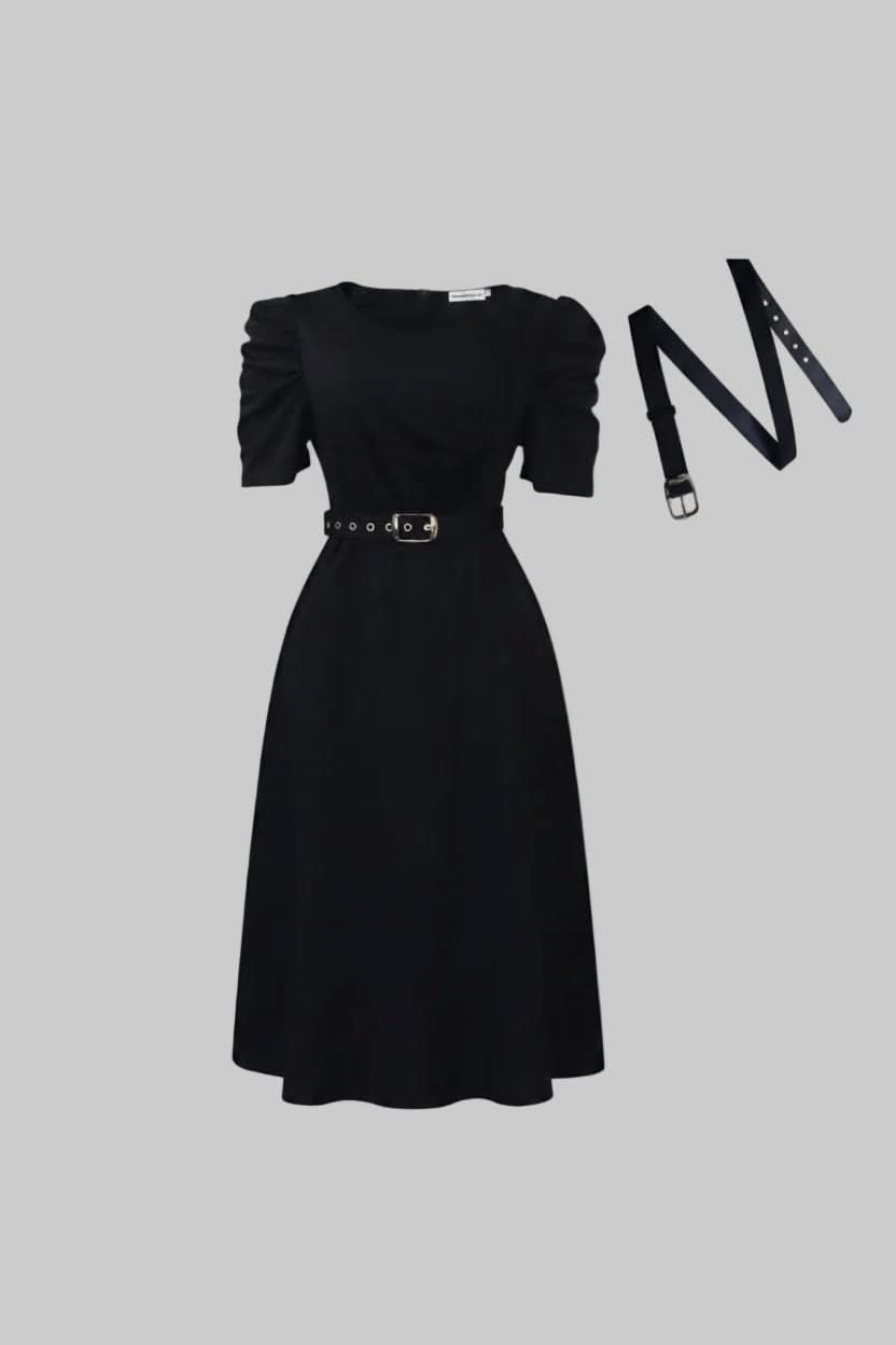 Women's sophisticated V-neck midi dress, featuring a polished finish and a flattering belted waist for any occasion.