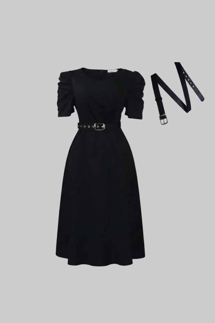 Women's sophisticated V-neck midi dress, featuring a polished finish and a flattering belted waist for any occasion.