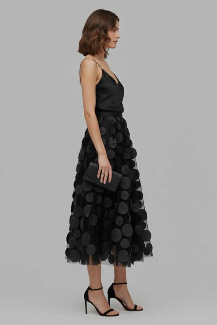 Modern high-waist women's polka dot full midi skirt, offering a stylish and elegant silhouette for fashion.