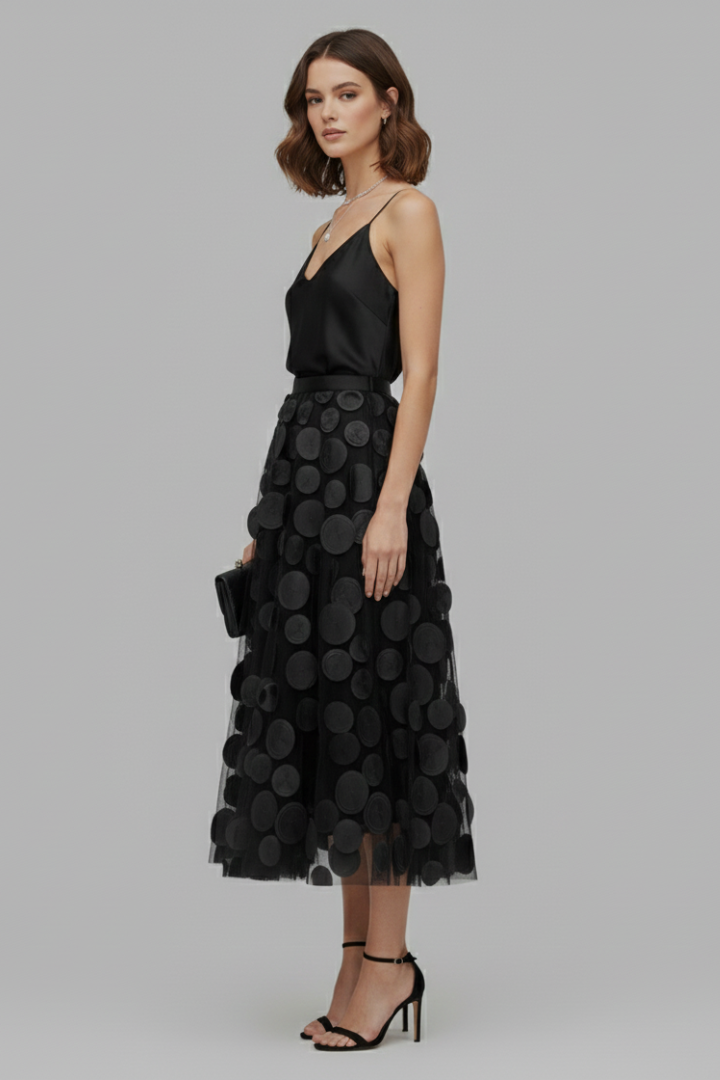 Chic polka dot full midi skirt for women, a stylish choice for special occasions or elegant party wear.