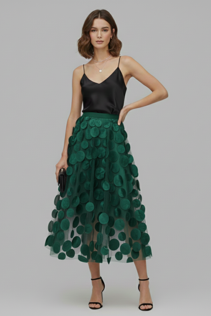 Party-ready elegant women's polka dot full midi skirt, offering a chic and flowy silhouette.