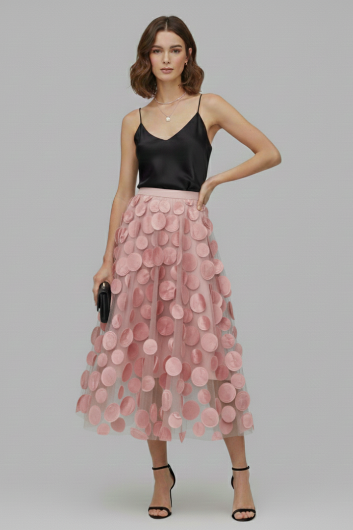Trendy polka dot full skirt for women, a modern and elegant midi length for stylish outfits.