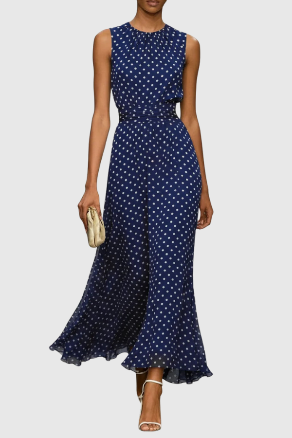 Elegant women's polka dot halter maxi dress with a flattering A-line cut and stylish keyhole detail.