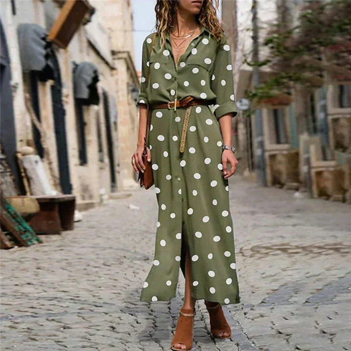 Elegant women's polka dot maxi dress with long sleeves & button-down front. Perfect for versatile spring & fall fashion.