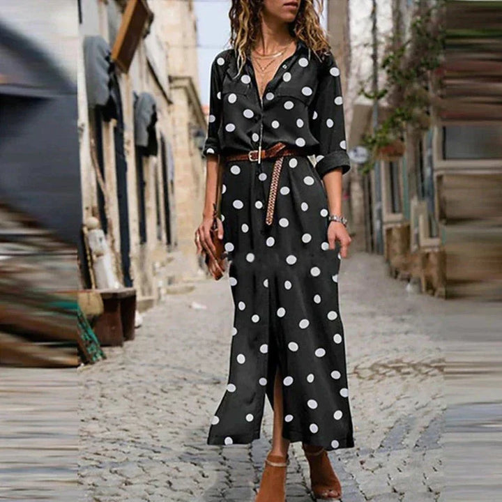 Stylish women's casual elegant polka dot shirt dress. Long sleeve maxi with button-down design for day or evening wear.