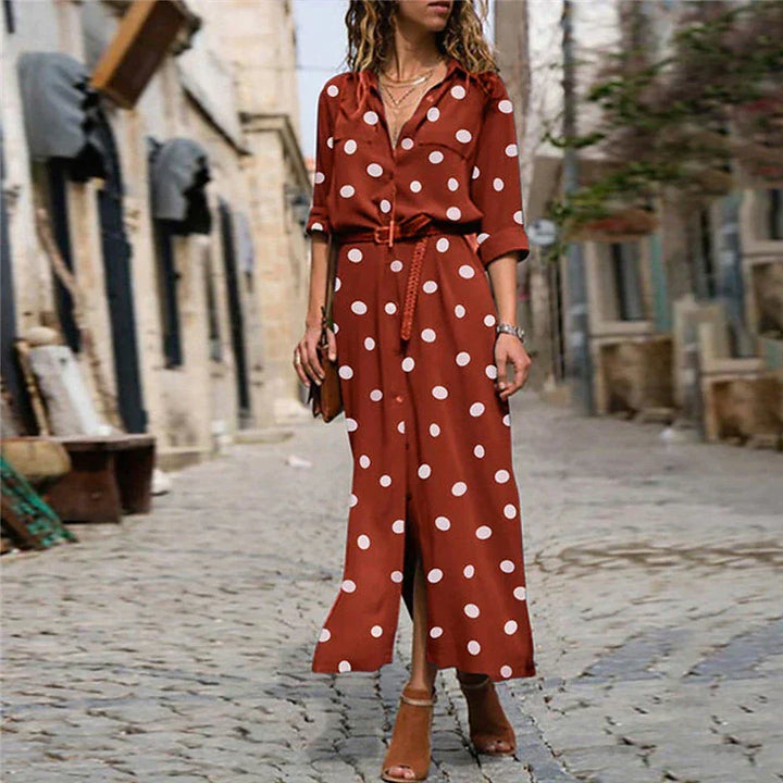 Chic polka dot long sleeve maxi dress for women, featuring a sophisticated button-down front. Ideal for spring/fall.
