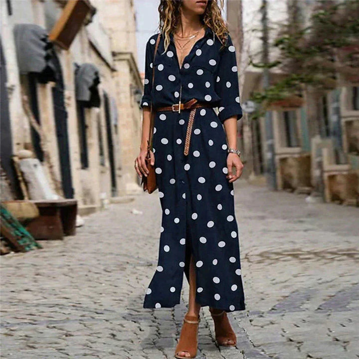 Versatile women's polka dot long sleeve maxi dress. Comfortable button-down shirt dress, great for casual elegant style.