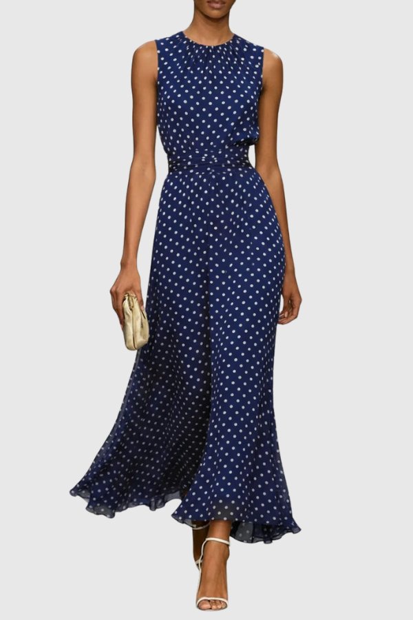 Classic polka dot maxi dress with a beautiful ruffle hem, sophisticated wear for evening events.